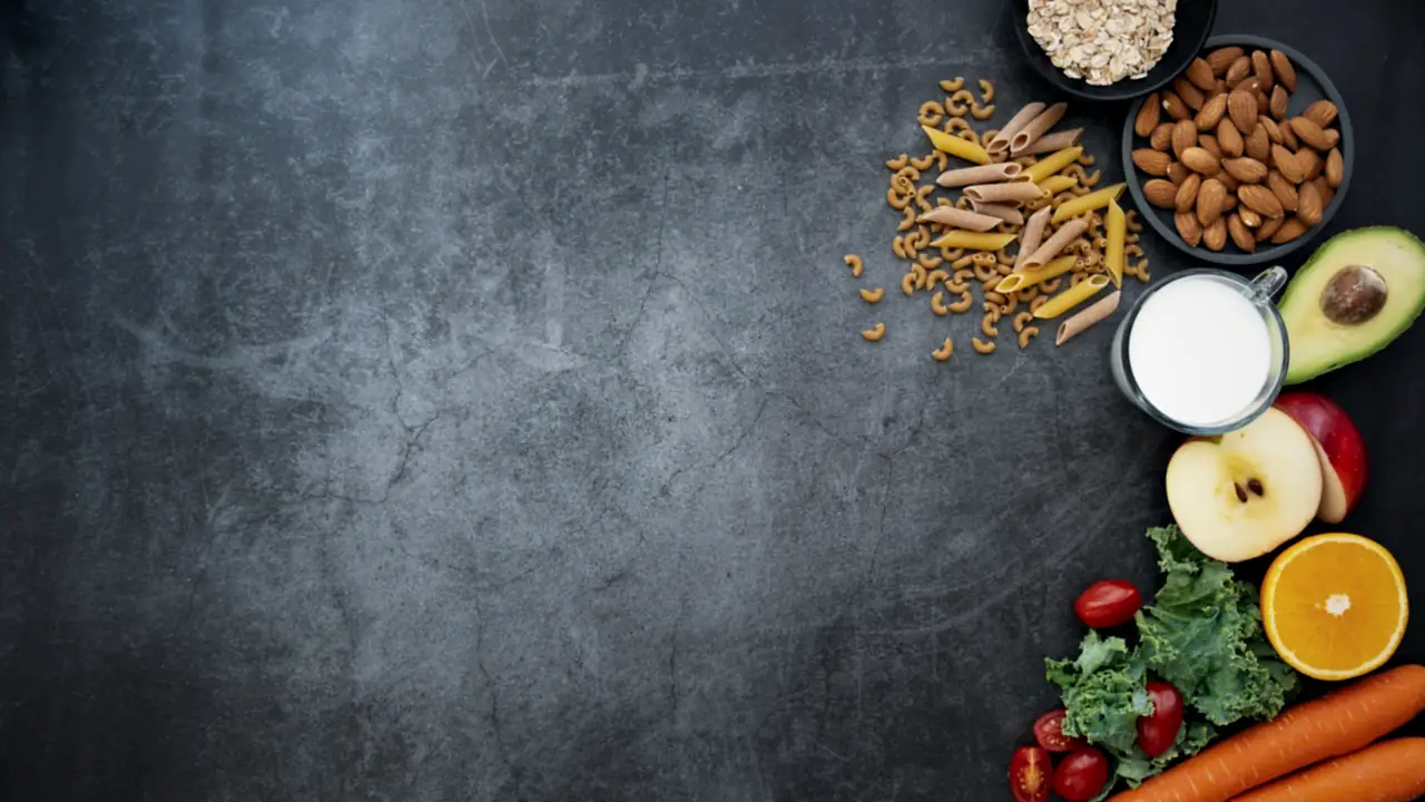 Alimentos para una dieta deportiva sobre pizarra oscura: frutos secos, avena, pasta integral, leche, aguacate, fruta y verduras